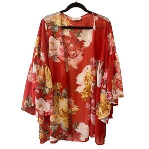 Women's Cheekie Boutique Duster Topper Kimono Red Floral Trumpet Sleeve S/M USA